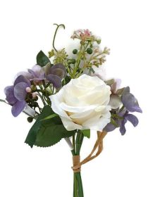 Růže s hortenzii, velikost 32 cm. | bílá, fialová